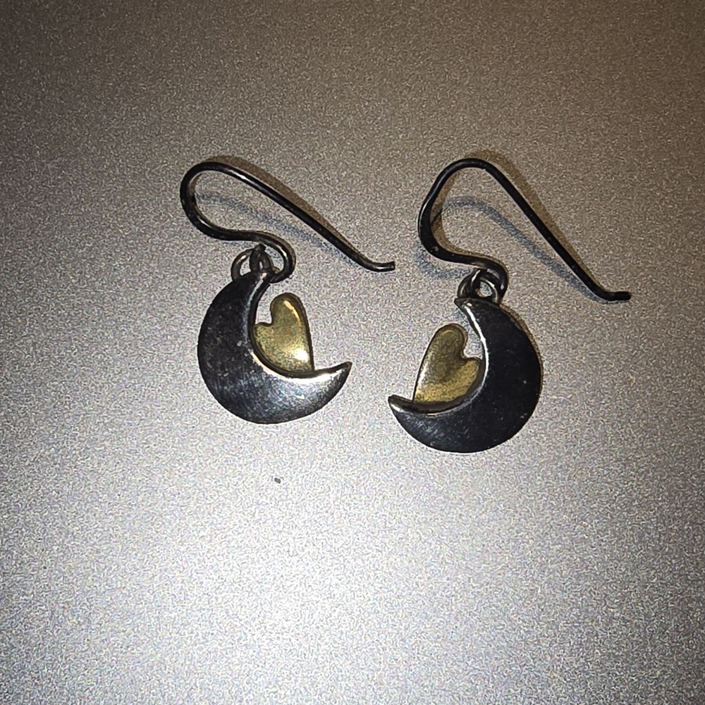 Mixed Metal Crescent Moon & Heart Dangle Earrings - Silver and Gold